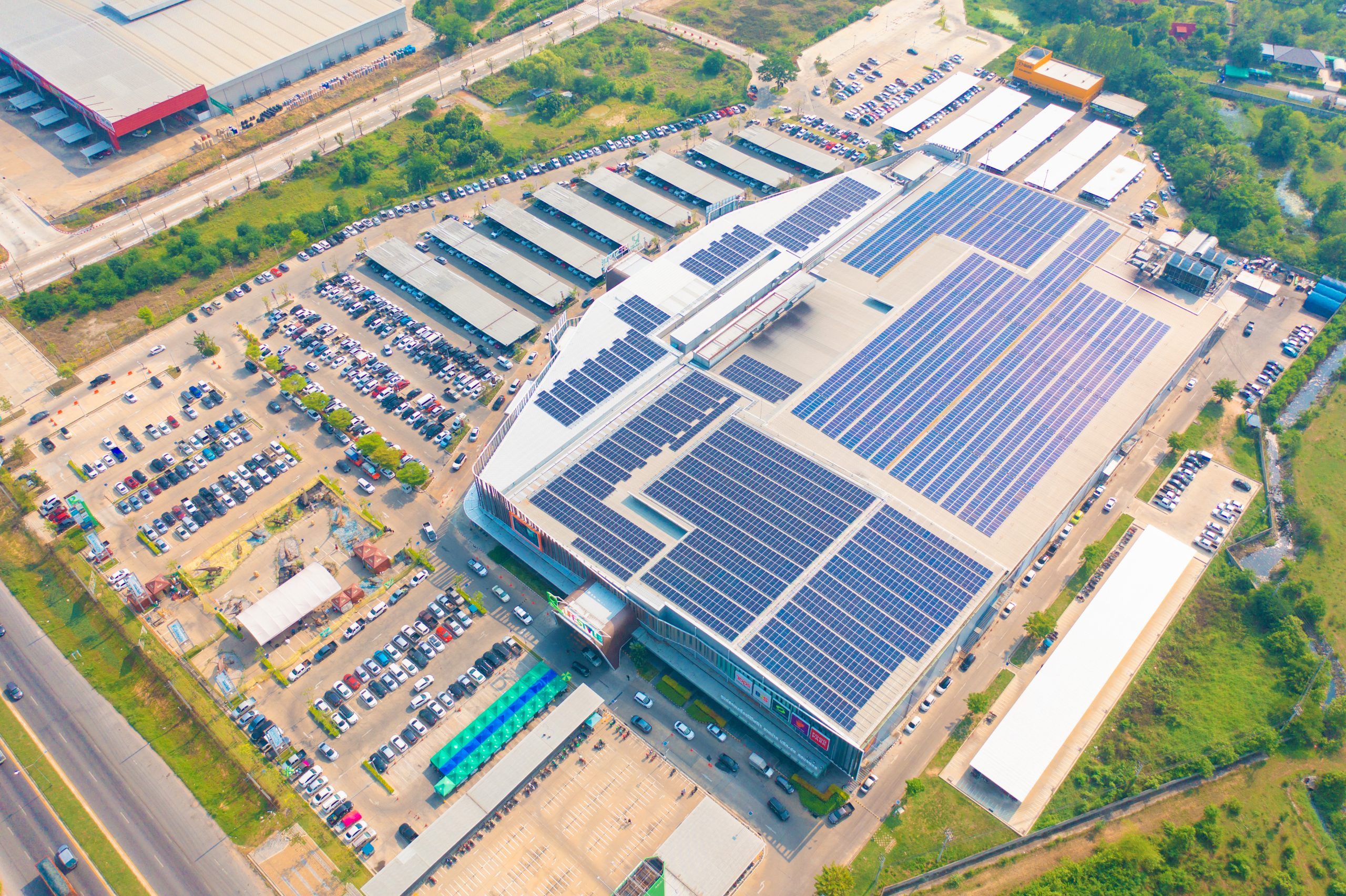 Solar panels installed on a commercial shopping centre