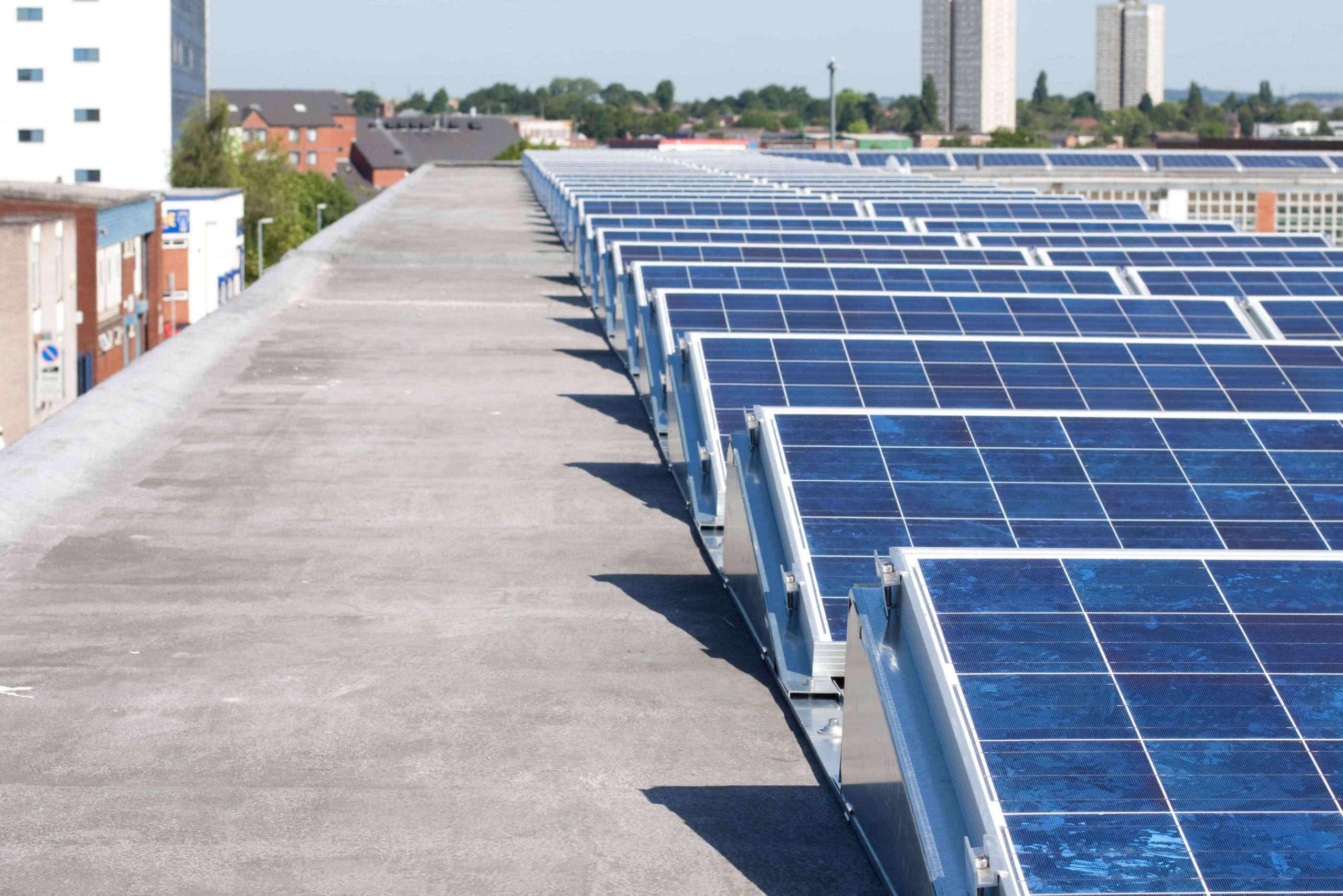 Solar panels on a commercial urban rooftop